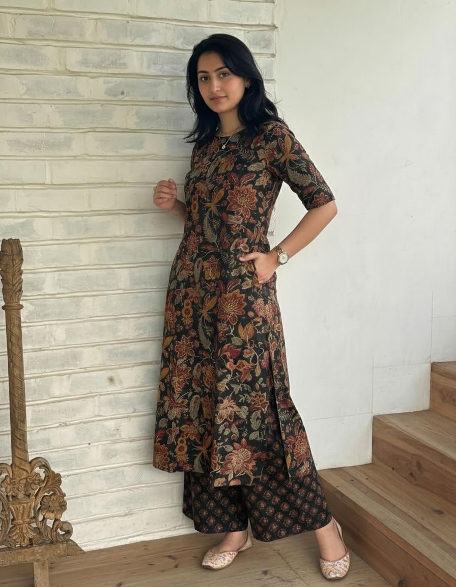 ANNI Designer Women's Viscose Blend Straight Printed Kurta with Palazzo | Elbow Length Sleeve Kurti Set | Close Neck with Back Slit | Soft Comfortable Fabric | 2 Piece Outfit - Image 3