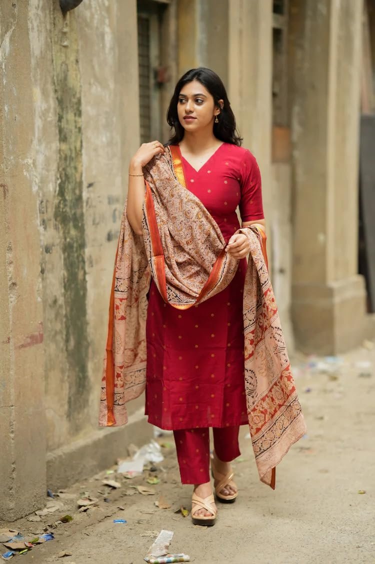 GoSriKi Kurta Set Women Viscose Printed | Kurti Set Woman | Kurta Pant Dupatta 3 Piece Outfit | V-Neck Elbow Length Sleeve Straight Fit Ethnic Wear Ladies Dress Stylish Traditional Clothing - Image 3