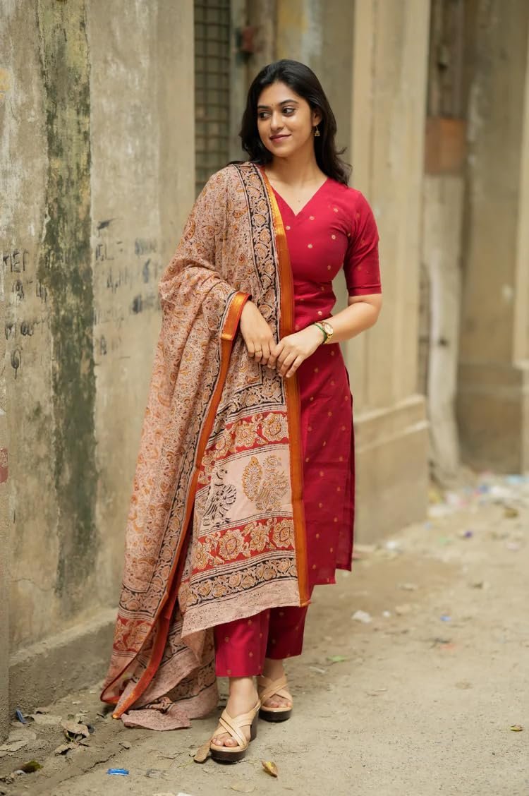GoSriKi Kurta Set Women Viscose Printed | Kurti Set Woman | Kurta Pant Dupatta 3 Piece Outfit | V-Neck Elbow Length Sleeve Straight Fit Ethnic Wear Ladies Dress Stylish Traditional Clothing - Image 4