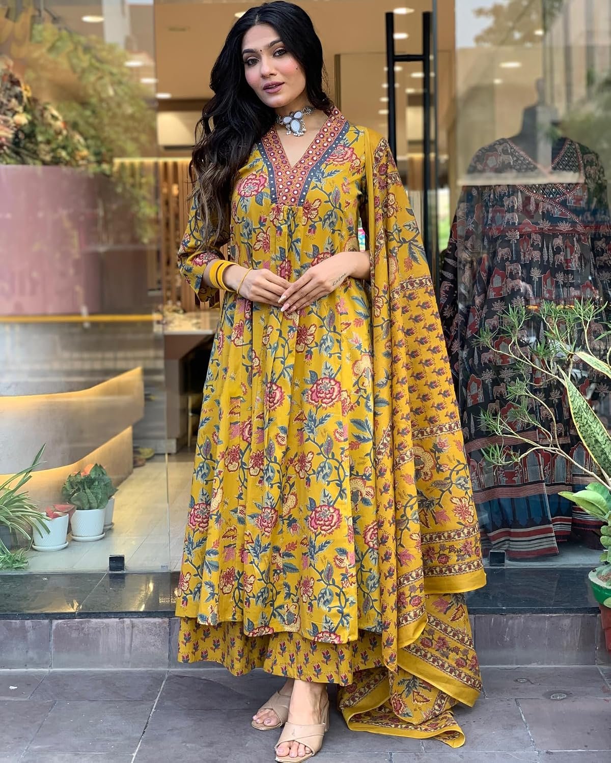 GoSriKi Women's Rayon Viscose Anarkali Printed Kurta with Palazzo & Dupatta - Image 2