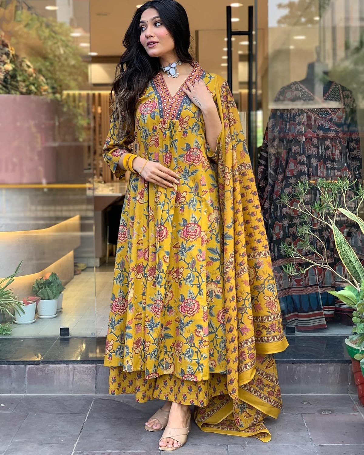 GoSriKi Women's Rayon Viscose Anarkali Printed Kurta with Palazzo & Dupatta - Image 3