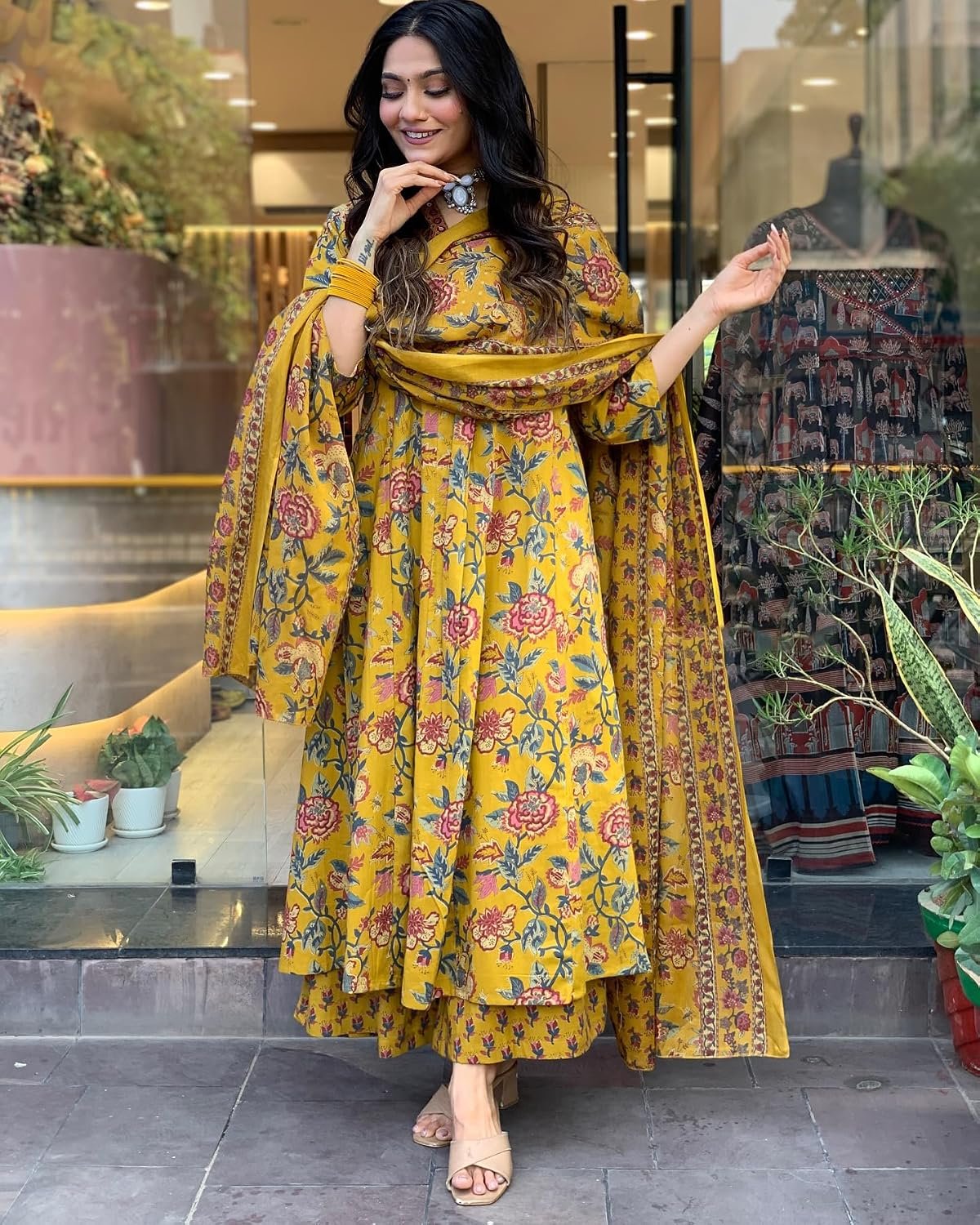 GoSriKi Women's Rayon Viscose Anarkali Printed Kurta with Palazzo & Dupatta - Image 4