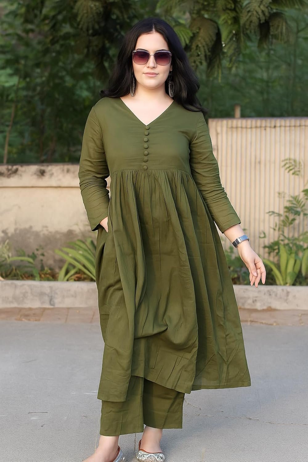 Anarkali Kurta Pant Set for Women Long Flared V-Neck Kurta | Office & Casual Wear | 3/4 Sleeve | Button Front - Image 3