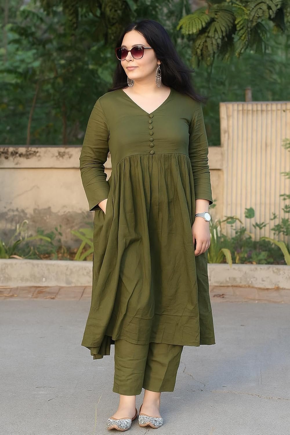 Anarkali Kurta Pant Set for Women Long Flared V-Neck Kurta | Office & Casual Wear | 3/4 Sleeve | Button Front - Image 4