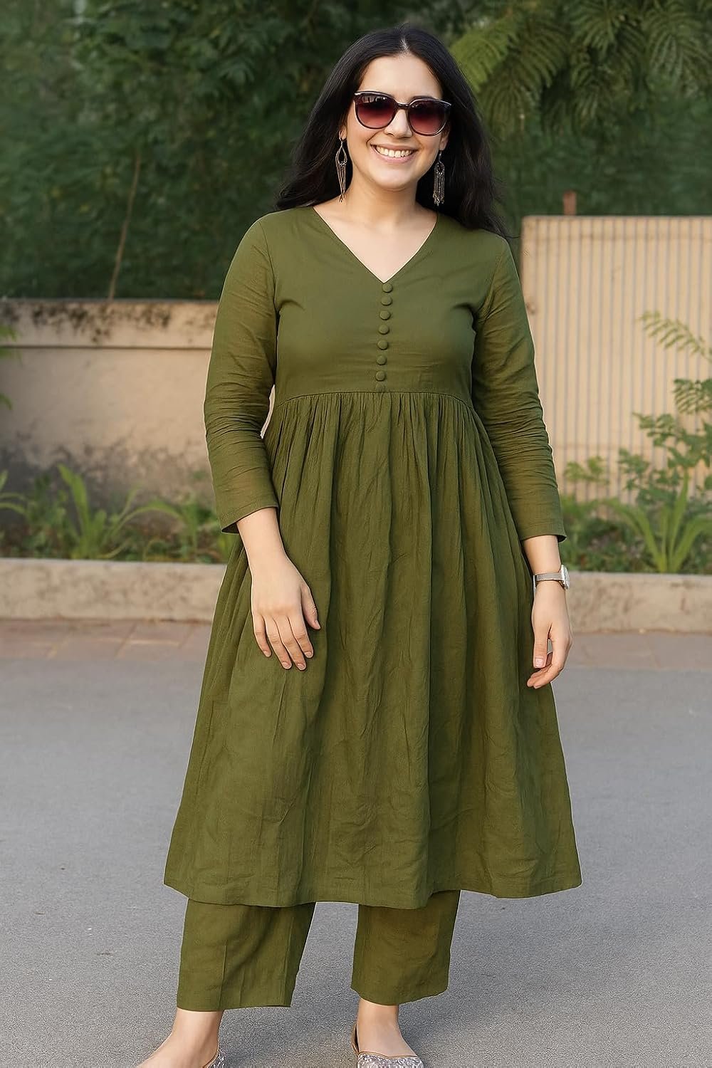Anarkali Kurta Pant Set for Women Long Flared V-Neck Kurta | Office & Casual Wear | 3/4 Sleeve | Button Front - Image 5