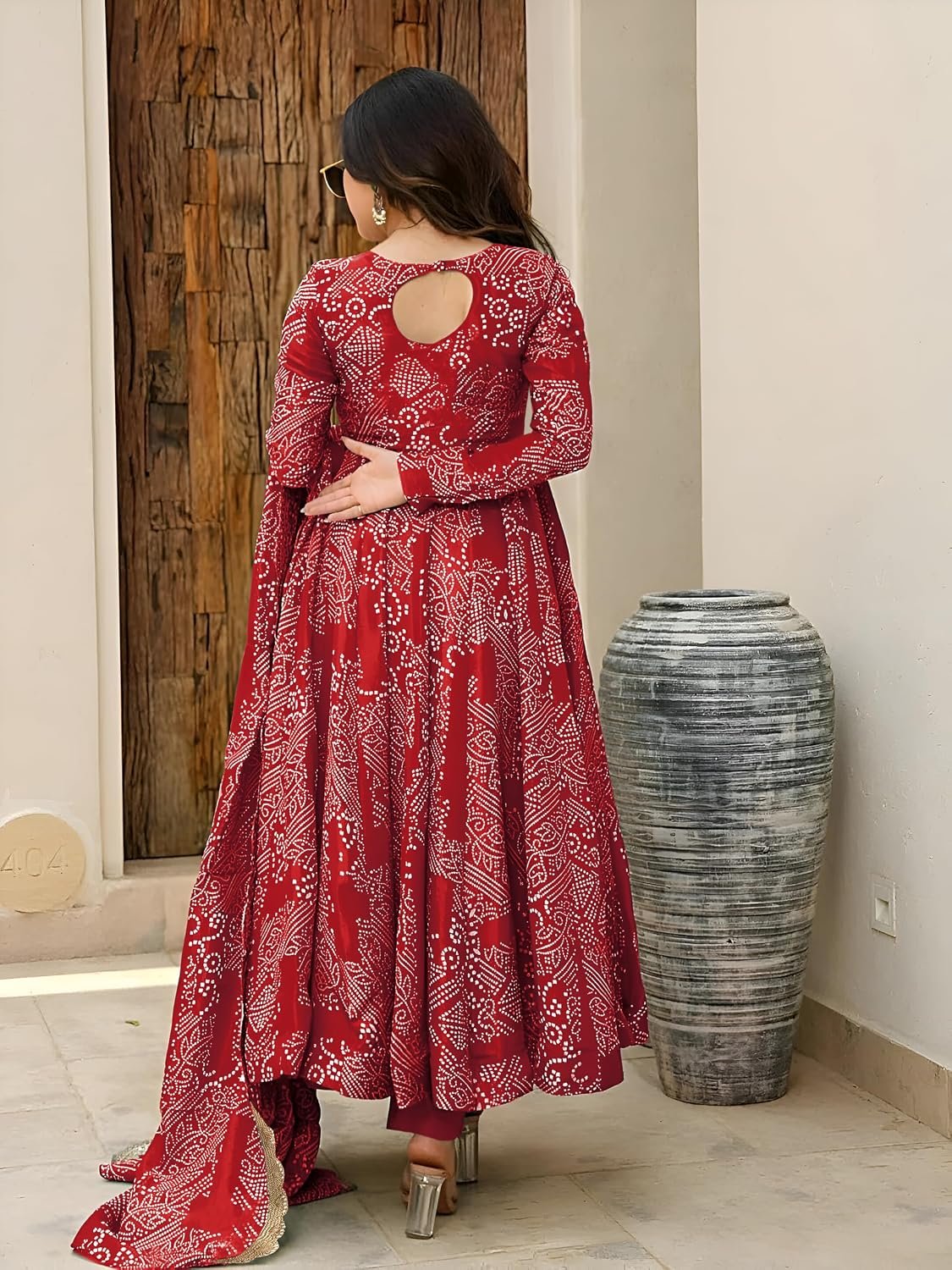 Pinkmint Women's Bandhani Print Flared Anarkali Muslin Kurta Set with Pant & Stylish Dupatta Ethnic Long Sleeve Dress Suit Set - Image 2