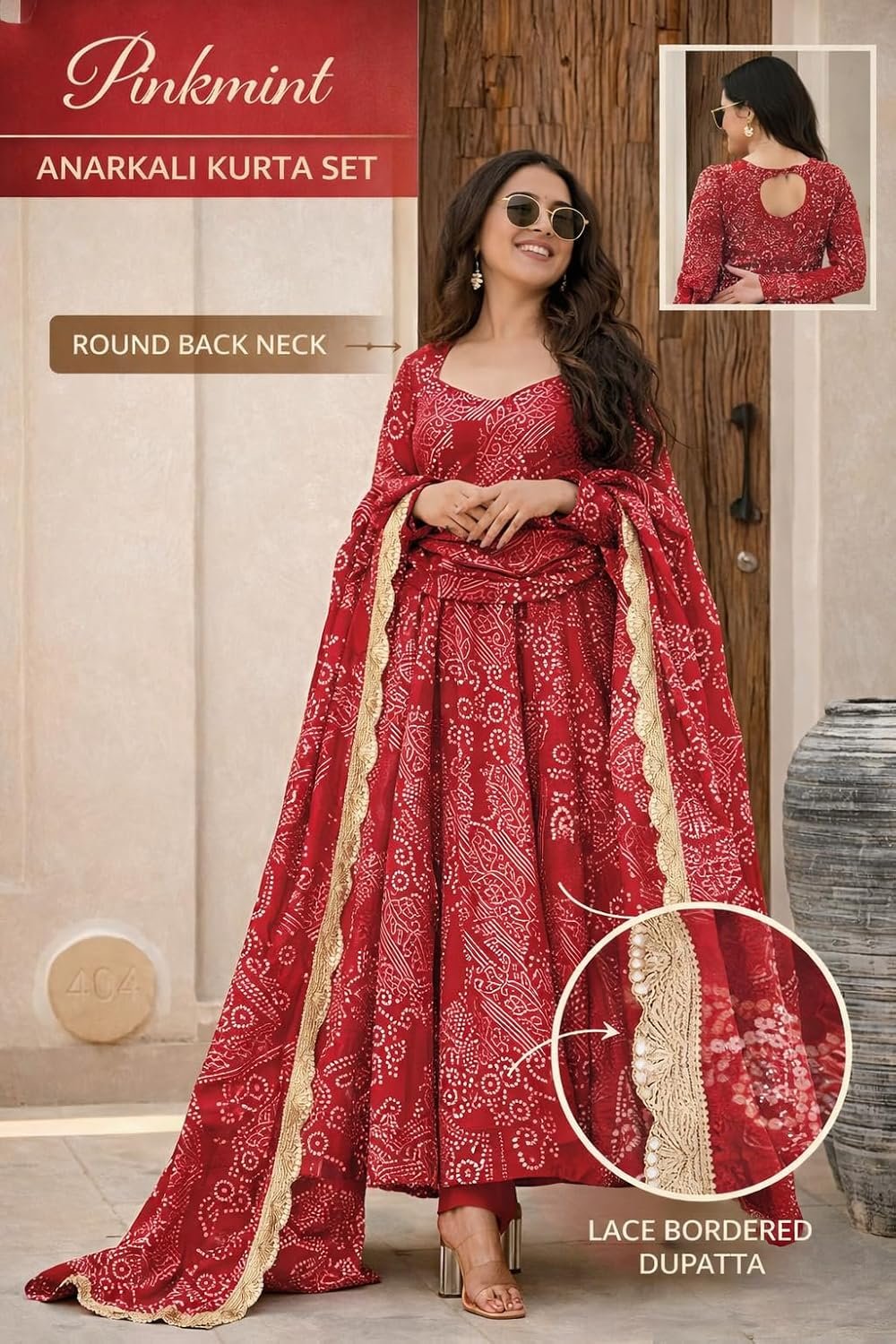 Pinkmint Women's Bandhani Print Flared Anarkali Muslin Kurta Set with Pant & Stylish Dupatta Ethnic Long Sleeve Dress Suit Set - Image 3