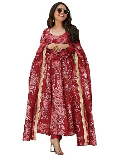 Pinkmint Women's Bandhani Print Flared Anarkali Muslin Kurta Set with Pant & Stylish Dupatta Ethnic Long Sleeve Dress Suit Set - Image 5