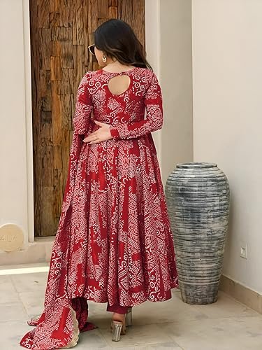 Pinkmint Women's Bandhani Print Flared Anarkali Muslin Kurta Set with Pant & Stylish Dupatta Ethnic Long Sleeve Dress Suit Set - Image 6
