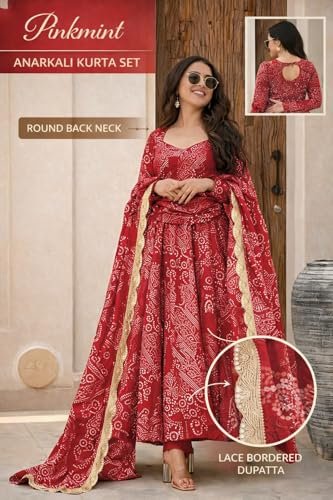Pinkmint Women's Bandhani Print Flared Anarkali Muslin Kurta Set with Pant & Stylish Dupatta Ethnic Long Sleeve Dress Suit Set - Image 7