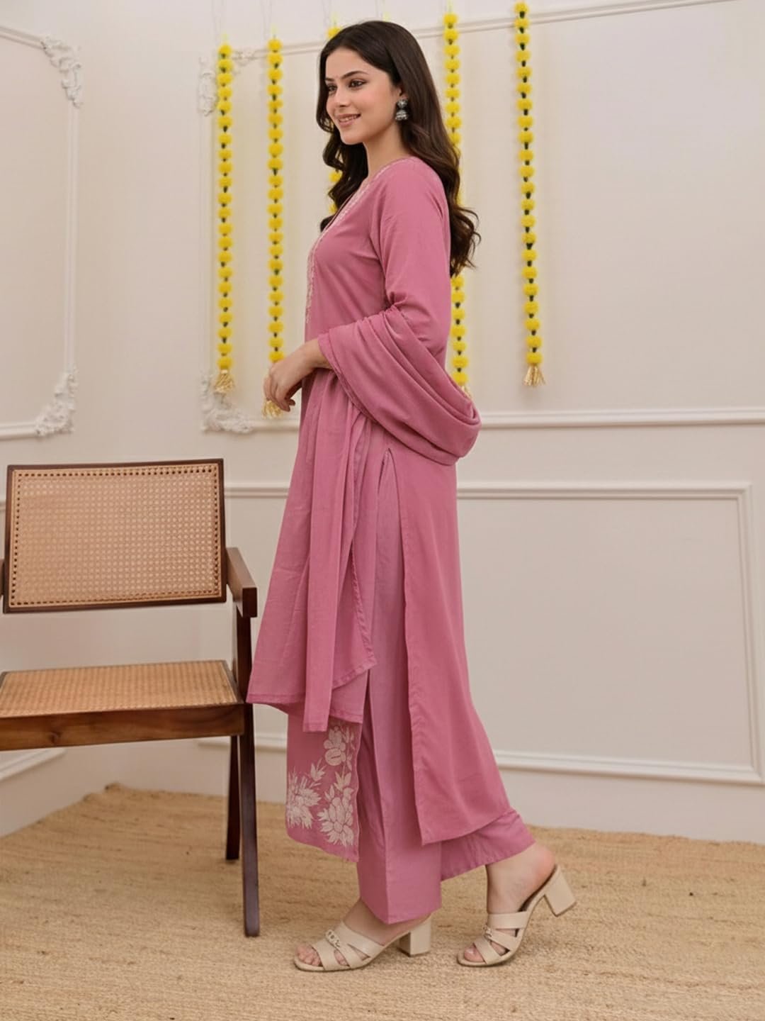 ANNI Designer Pure Cotton Embroidered Kurta Set for Women | Rust Orange Kurta with Pants & Dupatta | Floral Neck & Hem Embroidery | Cotton Kurta Set for Women | 10 Colour Options Available - Image 3