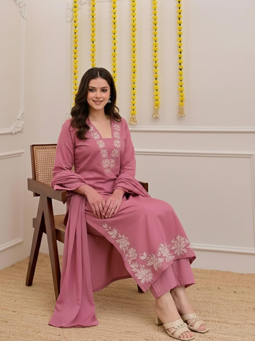 ANNI Designer Pure Cotton Embroidered Kurta Set for Women | Rust Orange Kurta with Pants & Dupatta | Floral Neck & Hem Embroidery | Cotton Kurta Set for Women | 10 Colour Options Available - Image 4