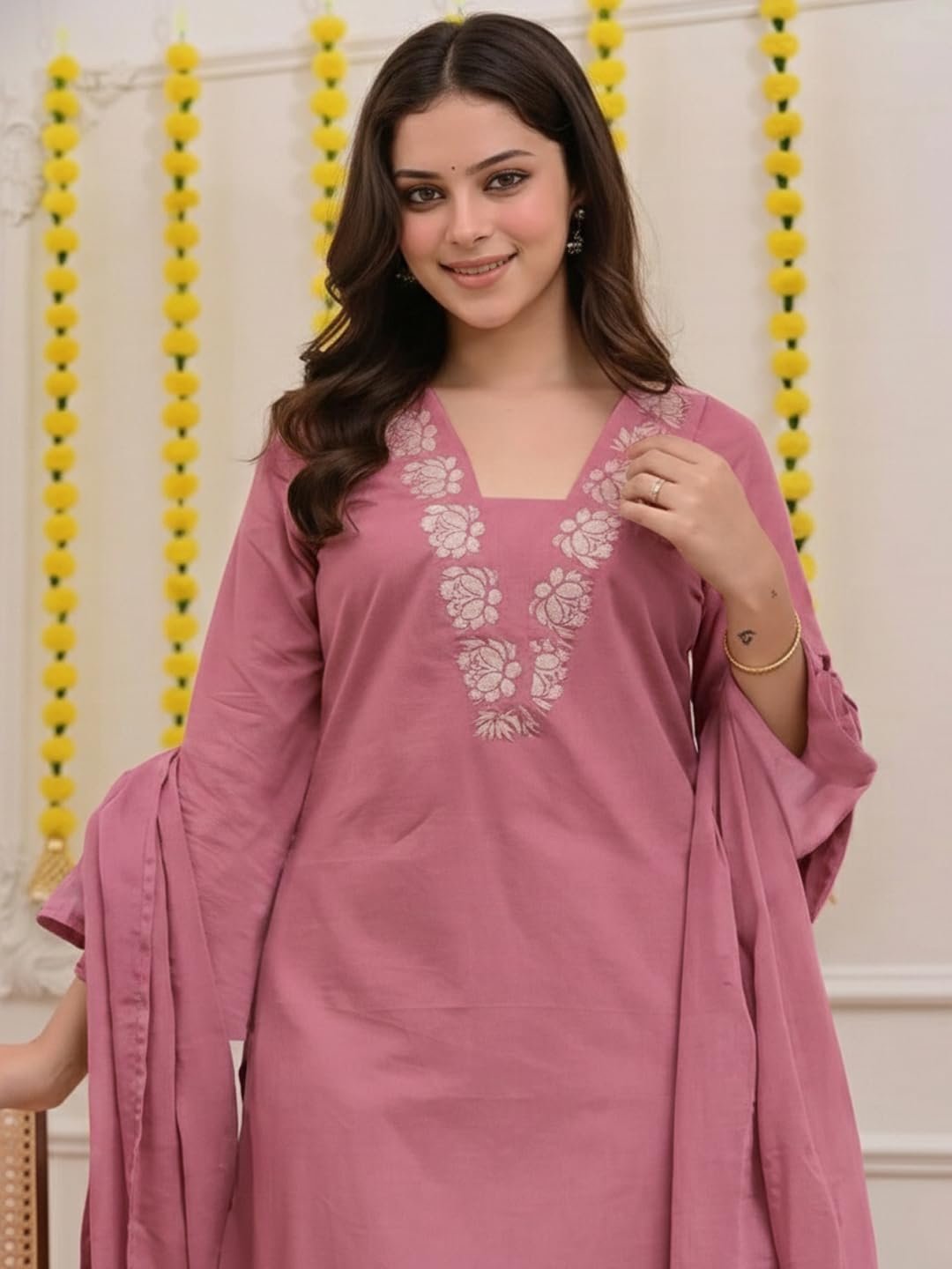 ANNI Designer Pure Cotton Embroidered Kurta Set for Women | Rust Orange Kurta with Pants & Dupatta | Floral Neck & Hem Embroidery | Cotton Kurta Set for Women | 10 Colour Options Available - Image 5