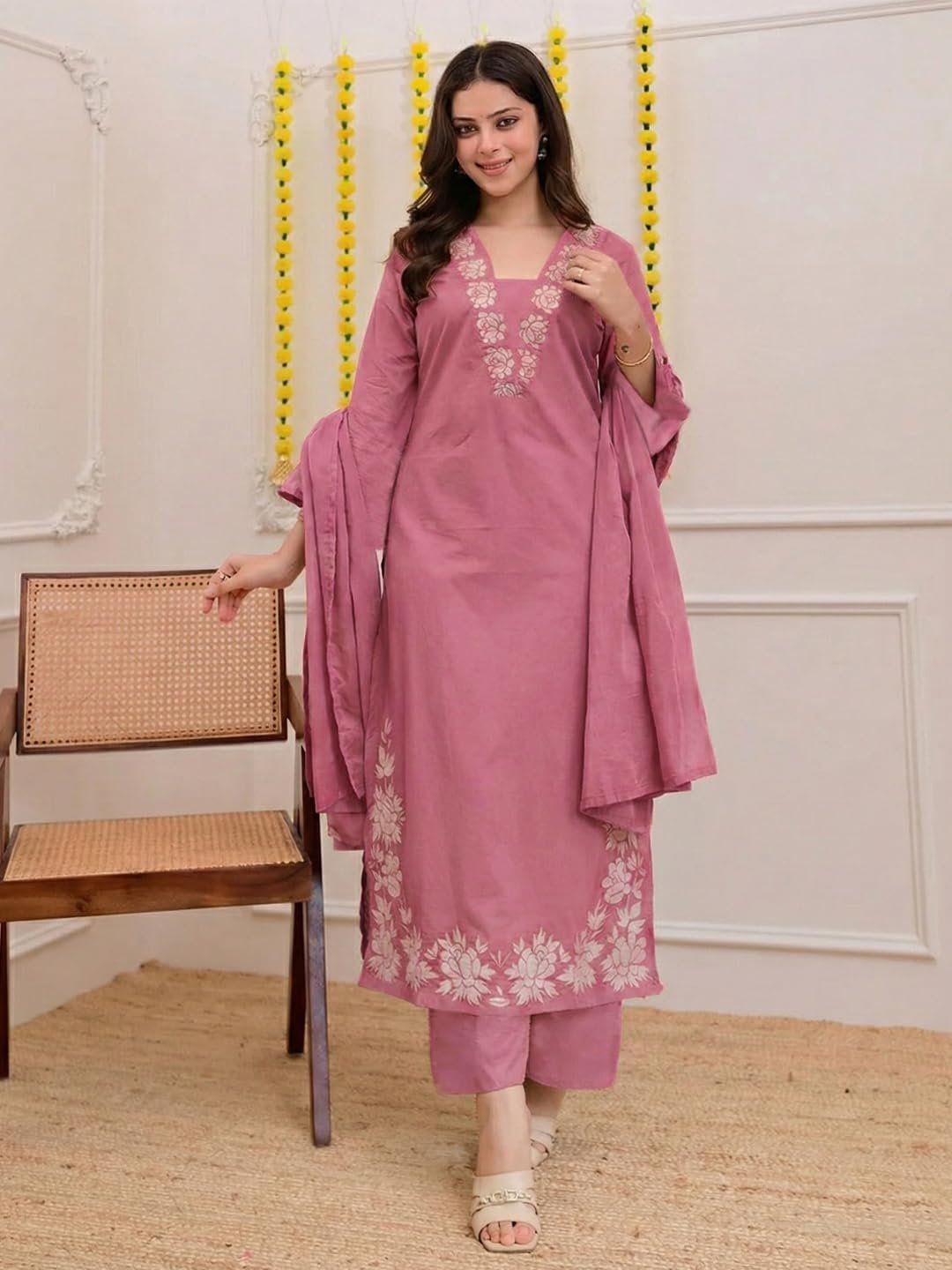 ANNI Designer Pure Cotton Embroidered Kurta Set for Women | Rust Orange Kurta with Pants & Dupatta | Floral Neck & Hem Embroidery | Cotton Kurta Set for Women | 10 Colour Options Available - Image 7