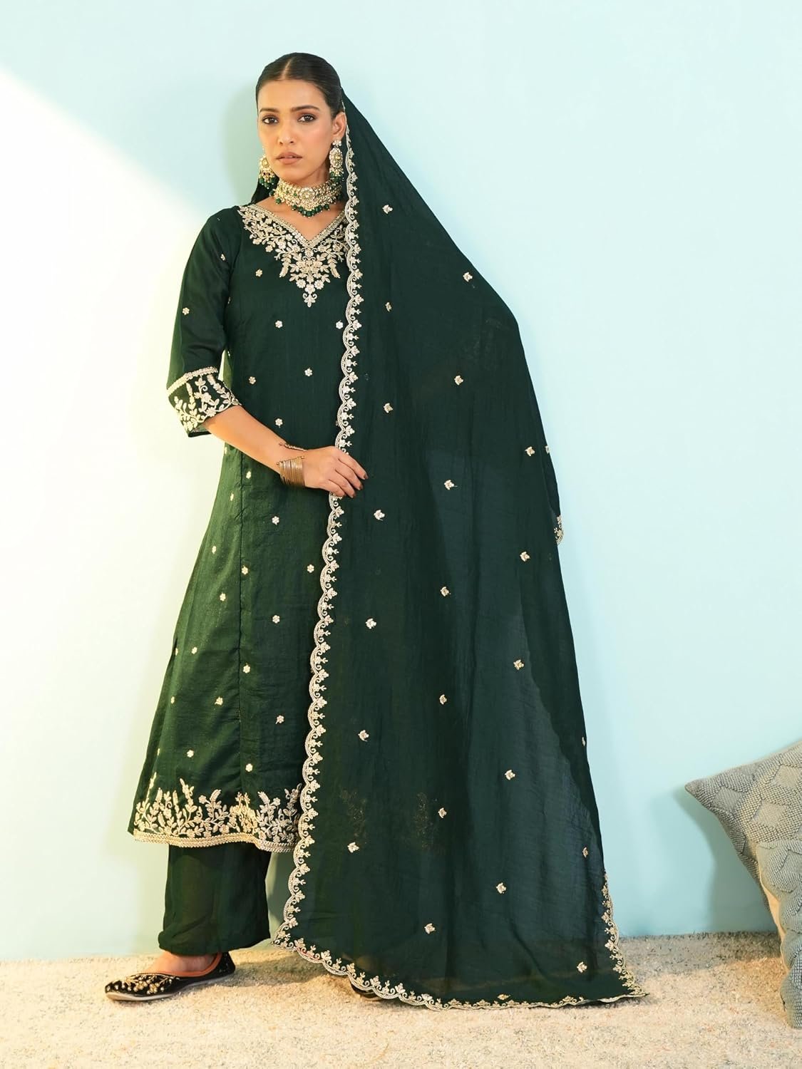 Naixa Women's Vichitra Silk Embroidered A-Line Kurta with Pant and Dupatta Sets (NX-845) - Image 2
