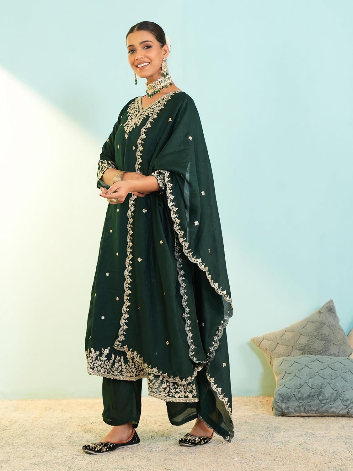 Naixa Women's Vichitra Silk Embroidered A-Line Kurta with Pant and Dupatta Sets (NX-845) - Image 3