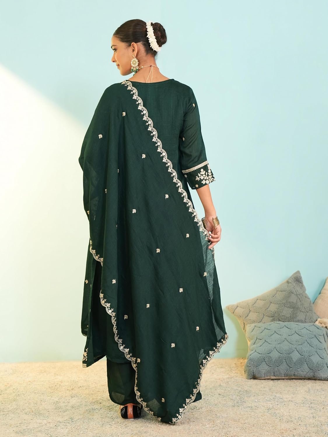 Naixa Women's Vichitra Silk Embroidered A-Line Kurta with Pant and Dupatta Sets (NX-845) - Image 4