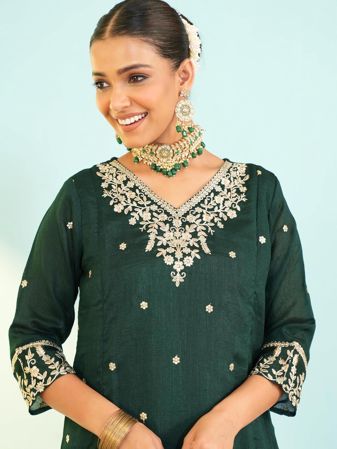 Naixa Women's Vichitra Silk Embroidered A-Line Kurta with Pant and Dupatta Sets (NX-845) - Image 5