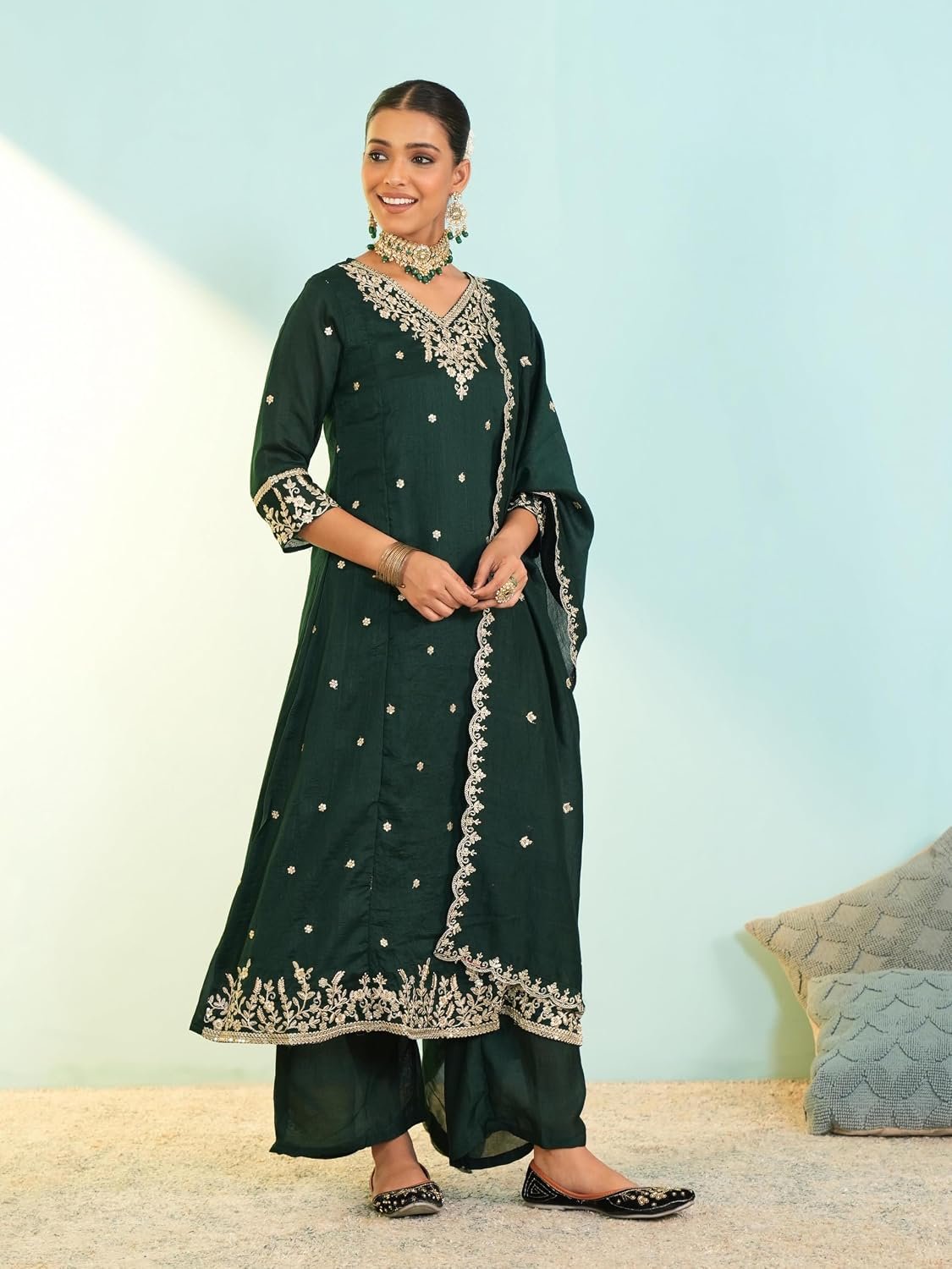Naixa Women's Vichitra Silk Embroidered A-Line Kurta with Pant and Dupatta Sets (NX-845) - Image 6