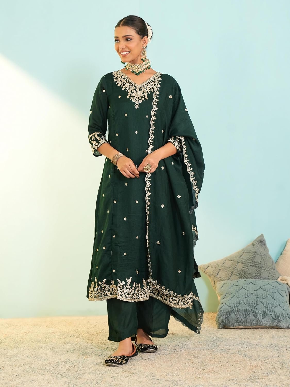 Naixa Women's Vichitra Silk Embroidered A-Line Kurta with Pant and Dupatta Sets (NX-845) - Image 7