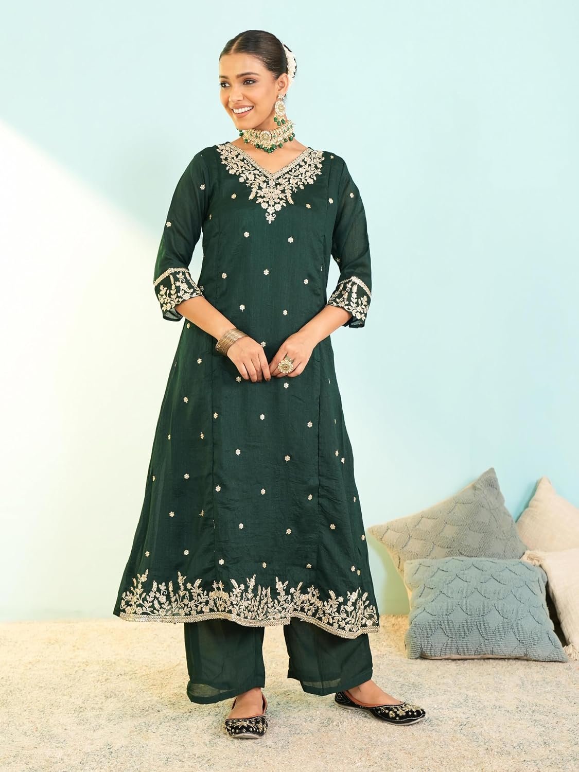 Naixa Women's Vichitra Silk Embroidered A-Line Kurta with Pant and Dupatta Sets (NX-845) - Image 8