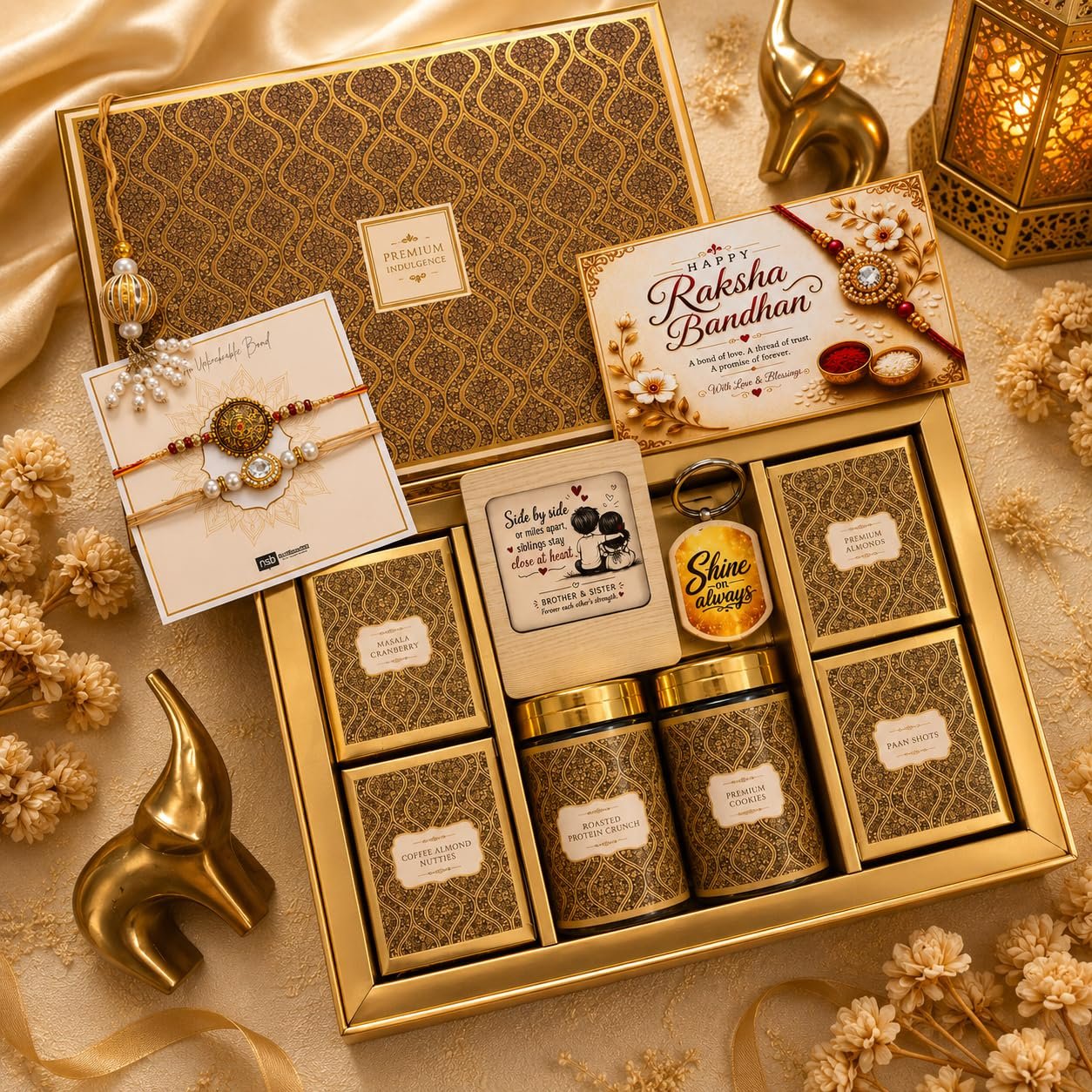 NutriSnacksBox Royal Rakhi White Hamper | Premium Dry Fruits, Gourmet Snacks & Festive Gift Set | 2 Decorative Bhaiya Rakhis, Wooden Magnet, Keychain, Roli Chawal & Greeting Card | Luxury Raksha Bandhan Gift Box