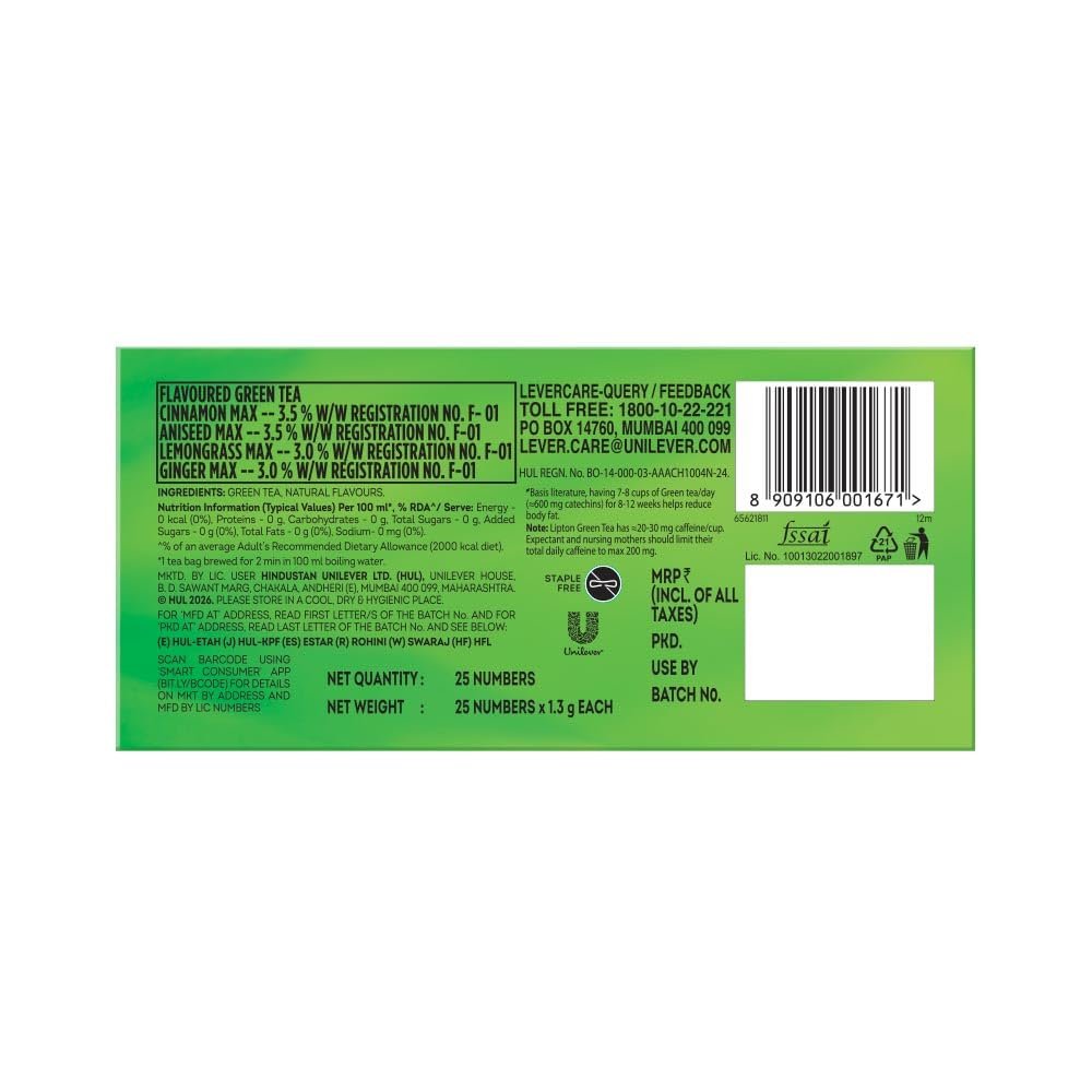 Lipton Green Tea, Lemongrass Ginger, 25 Tea Bags, for Weight Loss, with Catechins to Boost Metabolism, Zero Added Sugar, All Natural Ingredients - Image 8