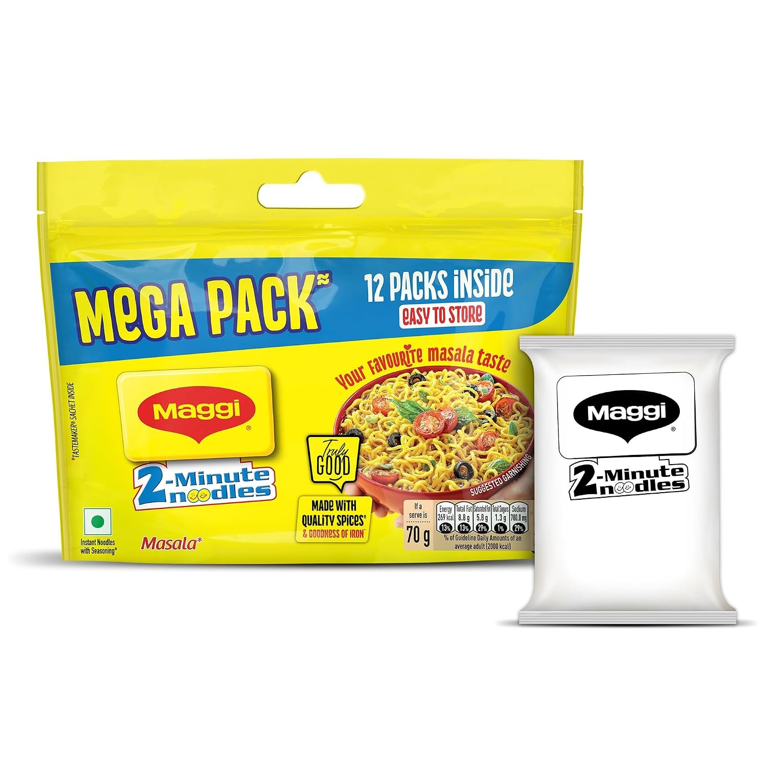 MAGGI 2-Minute Instant Noodles 12 x 70/75g each (Weight may vary) | Your favourite masala noodles with goodness of iron; Made with choicest quality spice, Mega pack - Image 3